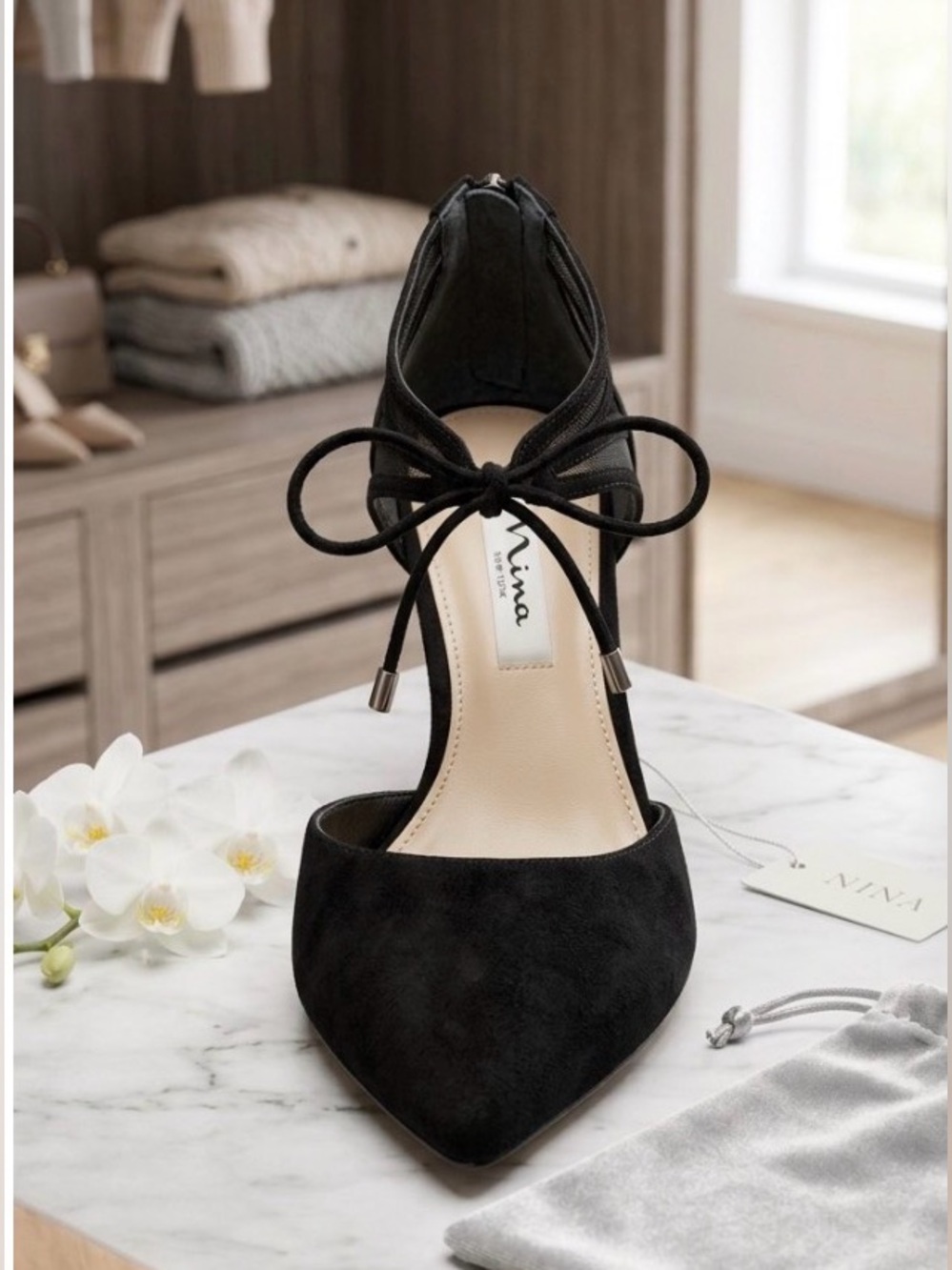 Nina Black Suede Pointed-Toe Lace-Up Kitten Heel Pump - Size 6